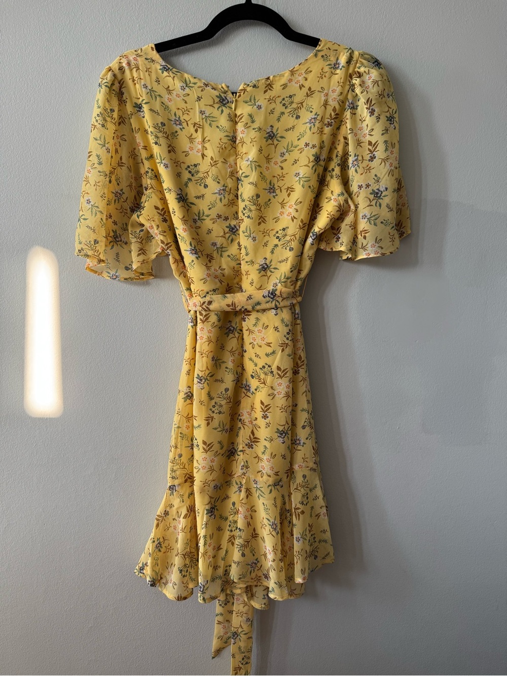 Yellow Floral Wrap Dress with Flutter Sleeves - Picture 3 of 5